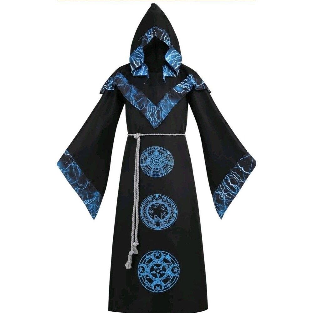 Mens Halloween Costume Hooded Sorcerer Robe Medieval Renaissance Wizard SIZE LG